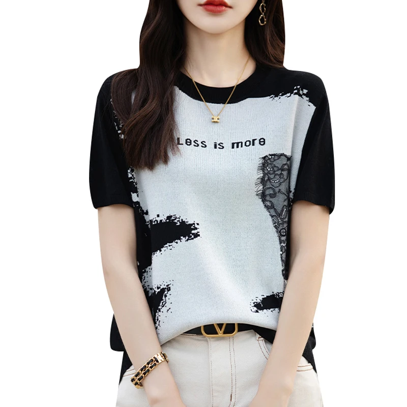 Женская летняя вязаная футболка из вискозы с коротким рукавом