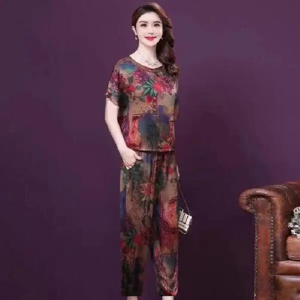 

Спортивный костюм для отдыха с круглым вырезом, удобный топ с принтом для мам среднего возраста, комплект длинных брюк, повседневная одежда с 3d-вырезом, повседневная одежда