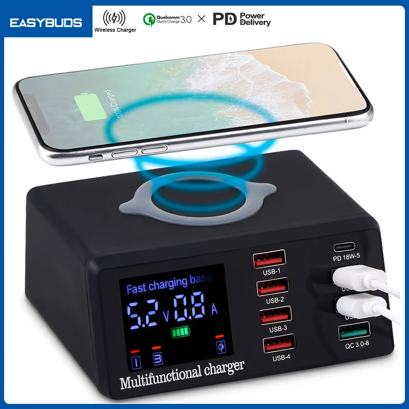 

Multifunction 8-Port USB Charger Mobile Phone Fast Wireless Charging QC3.0 PD 100W Smart Charge Station For iPhone Tablet