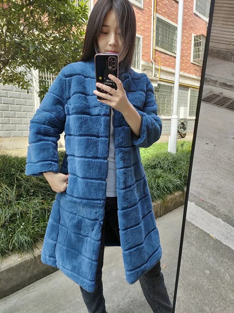 

Women New Full Skin Rex Rabbit Fur Coat Long 2023 Winter Slim Fit Fashion Standing Collar Horizontal Row Rabbit Fur Jacket