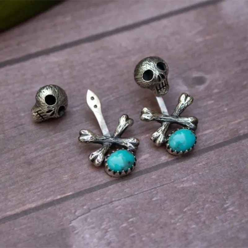 

Antique Silver Color Hand Carved Skull Bones Split Earrings Fashion Punk Funny Inlaid Turquoise Personality Drop Earring Jewelry