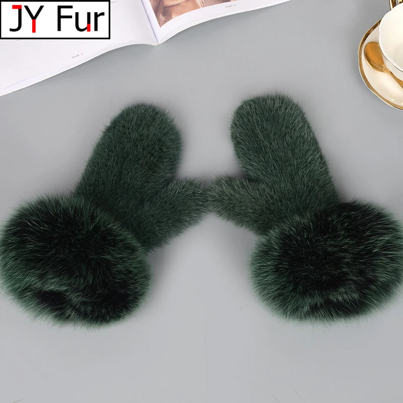 Real Mink Fur Winter Gloves Female Fashion Multicolor Fox Fur Patchwork Women Colorful Warm Thick Ladies Mittens Elastic