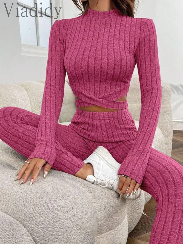 

Women Casual Solid Color Long Sleeve Top and High Waist Pencil Pants 2pcs Set