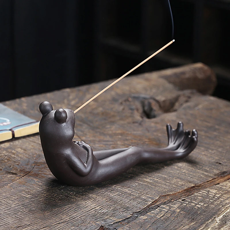 Cute Frog Sculpture Incense Stick Burner Holder with Incense Sticks Handmade Ceramic Incense Stick Stand Modern Incense Burner