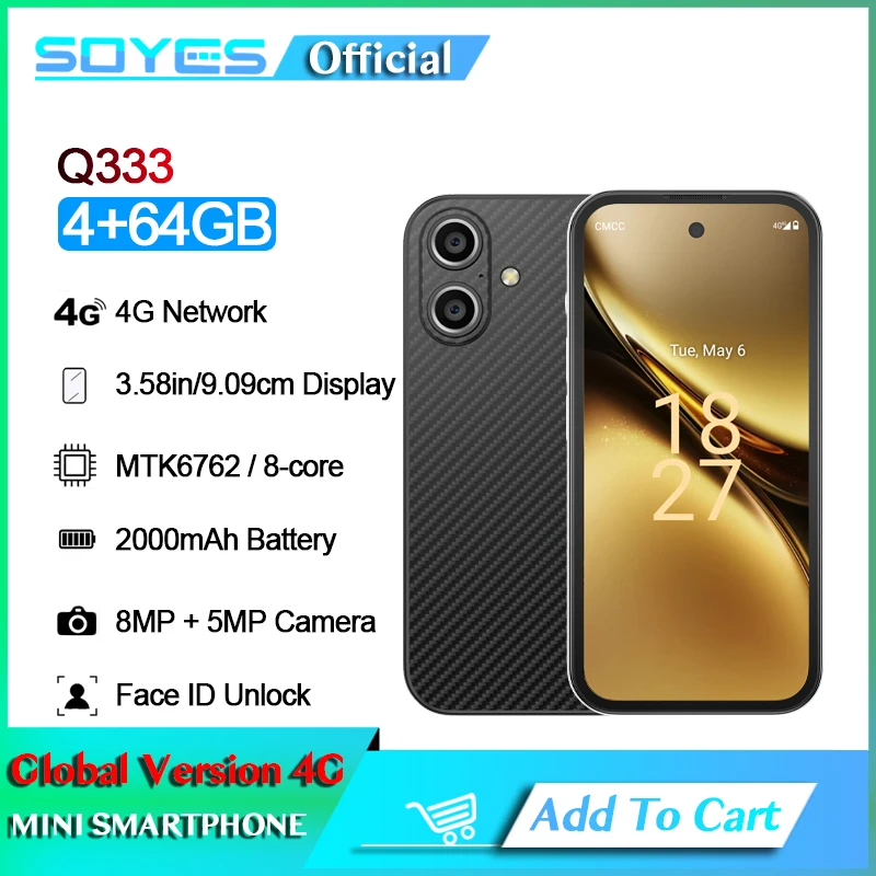 Фото Смартфон SOYES Q333 4 ГБ ОЗУ 64 ГБ ПЗУ Android 12.0 MTK6762 2000 мАч Face ID 4G LTE Type-C OTG 3,58 дюйма Экран 8 МП/5 МП Маленький телефон №1