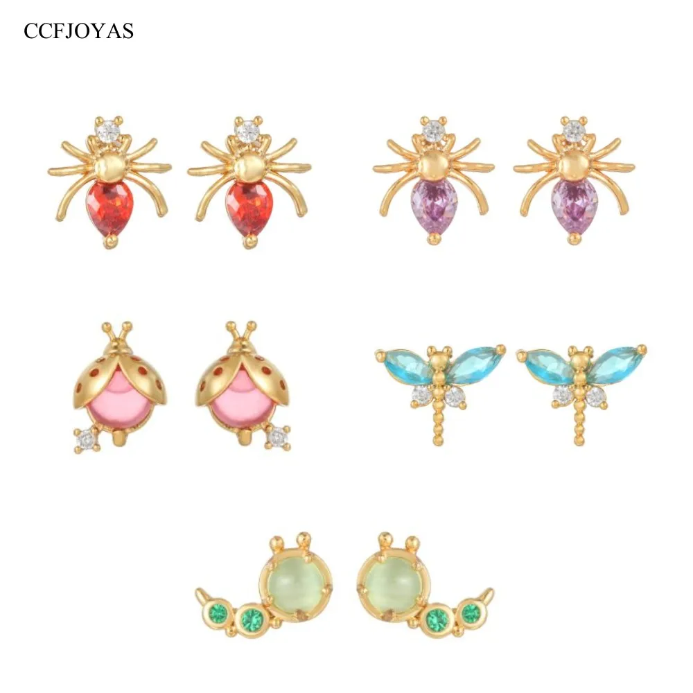 

CCFJOYAS 925 Sterling Silver Cute Insect Stud Earrings for Women Simple Colorful Zircon Mini Dragonfly Ladybug Piercing Earring