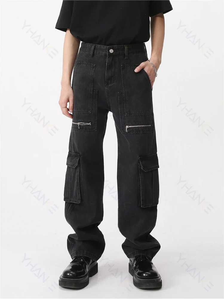 Men's Baggy Worker Jeans Zipper Black Hip Hop Men Cargo Jeans Pants Retro Washed Straight Baggy Cotton Denim Trousers Pantalones