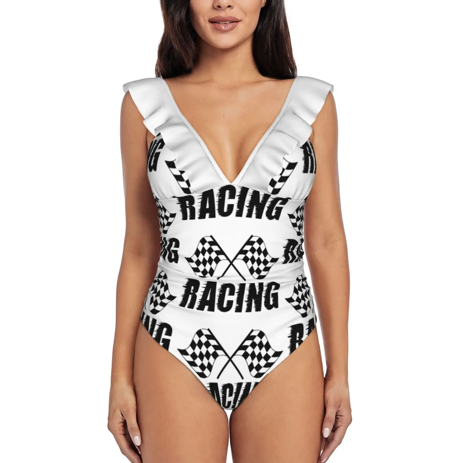 

Женский сплошной купальник с оборками и флагом в клетку, боди, сплошной купальник, купальный костюм, пляжная одежда, гонки с флагом в клетку