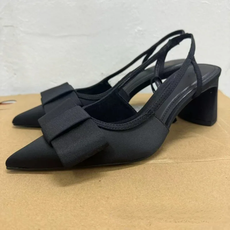 2024 черные женские элегантные туфли на высоком каблуке с острым бантом роскошные