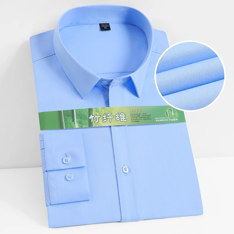 

Новая рубашка из бамбукового волокна, эластичные рубашки с длинными рукавами для мужчин, мягкая Однотонная рубашка для офиса, приталенная ф...