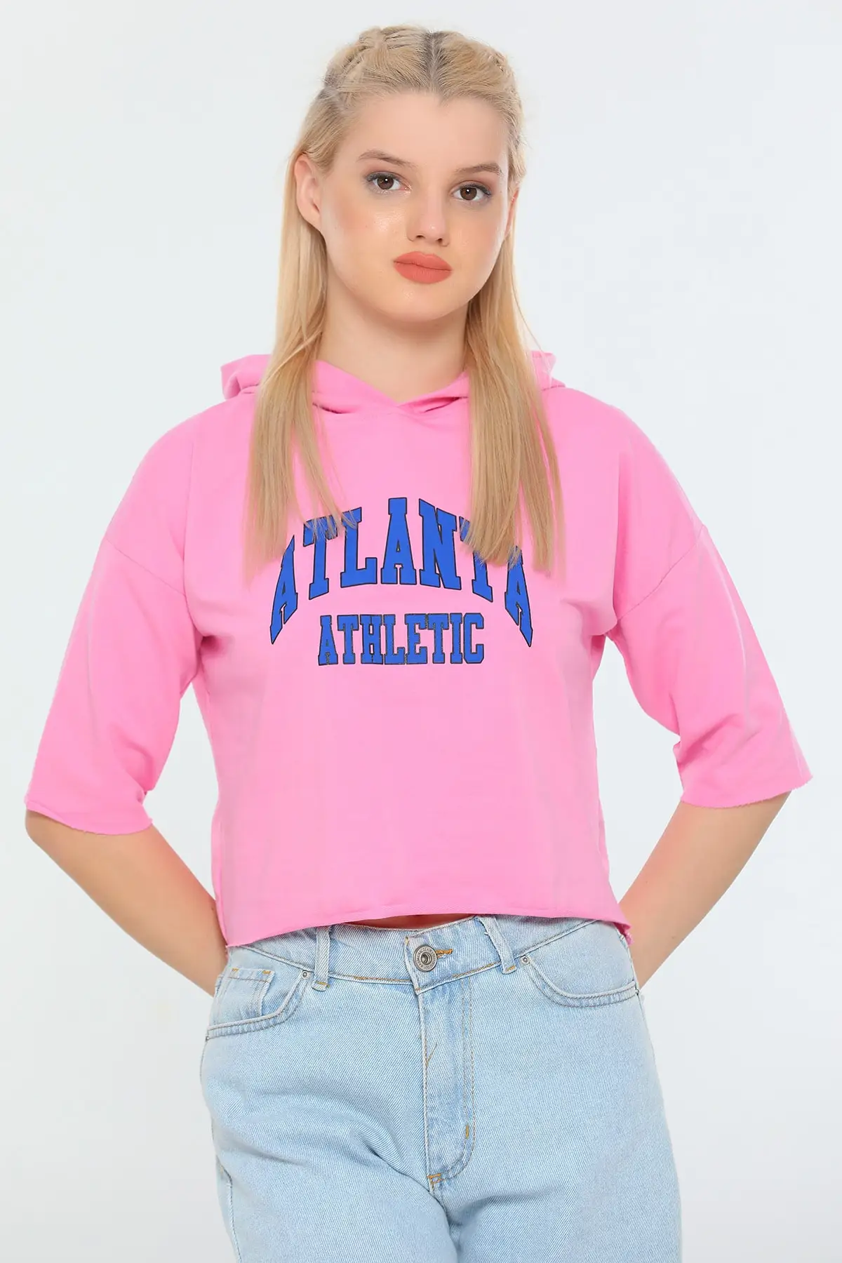 

Women's Sweatshirt Pink Hooded Capri Sleeve Seasonal Sport Crop Hoodies Fashion All Season New Pullovers Fleece