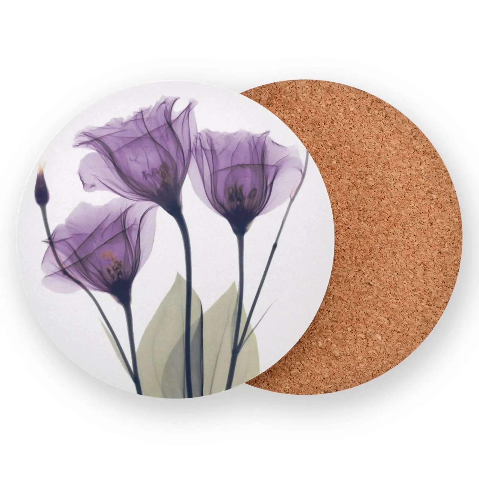 

Tulip Purple Flowers Heat Resistant Drink Coaster Set Of 4 Non-Scratch Cork Base Round Cup Mat Placemat Home Kitchen Bar Decor