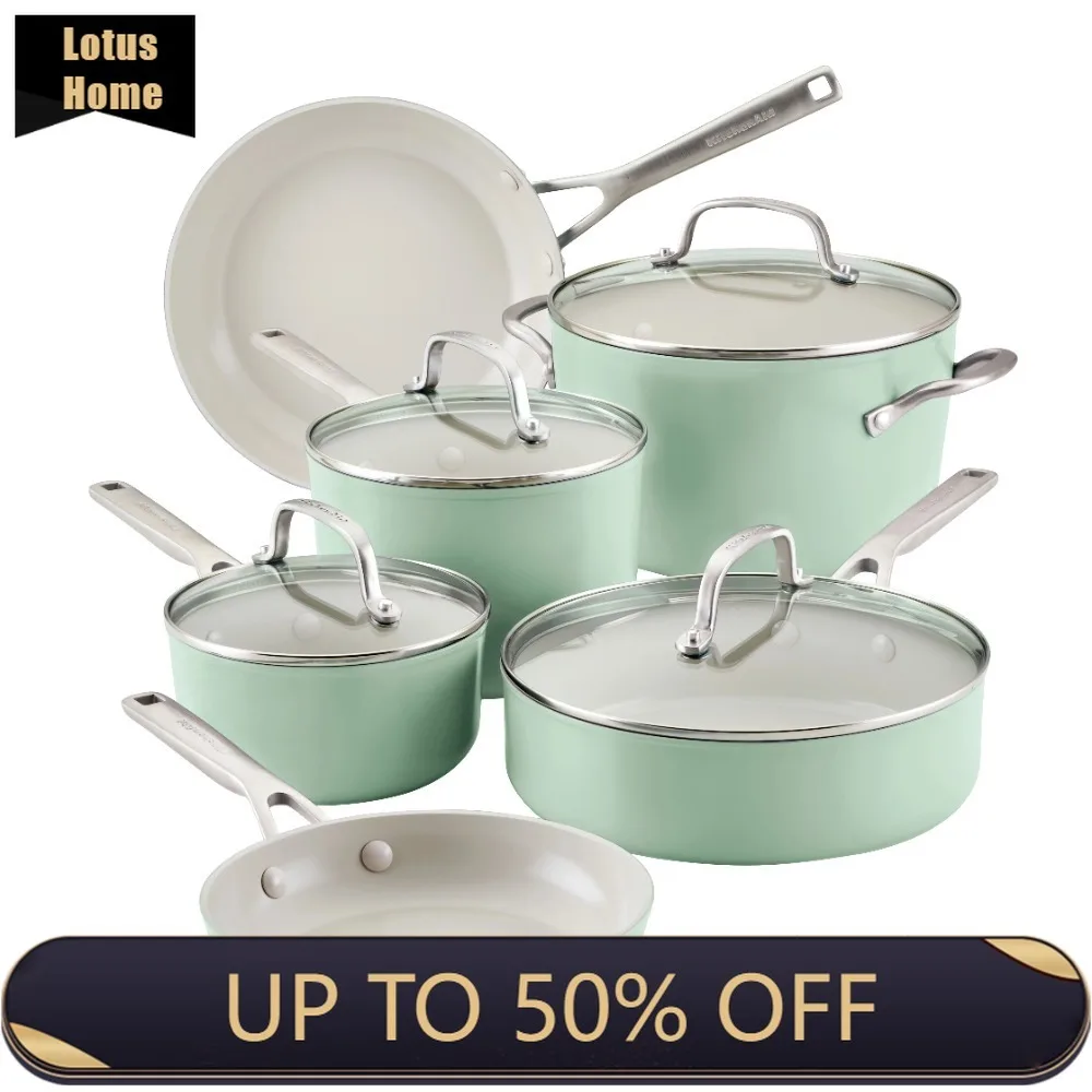 

Hard Anodized Ceramic Nonstick Cookware Pots and Pans Set, 10-Piece, Pistachio Free Shipping