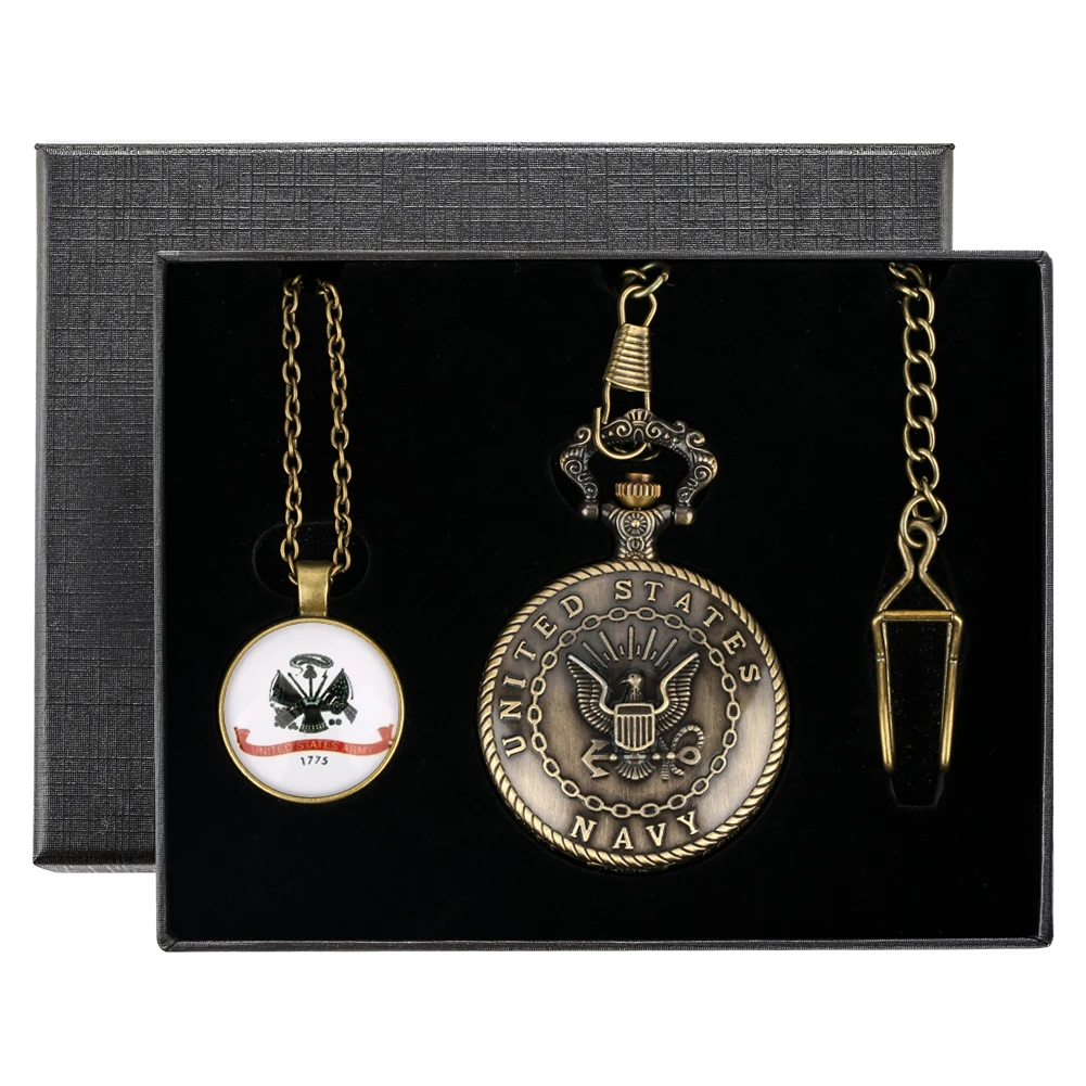 Best Gifts to Men United States Air Force Army Navy Theme Bronze Retro Quartz Pocket Watch Necklace Pendant Accessories Gift Set