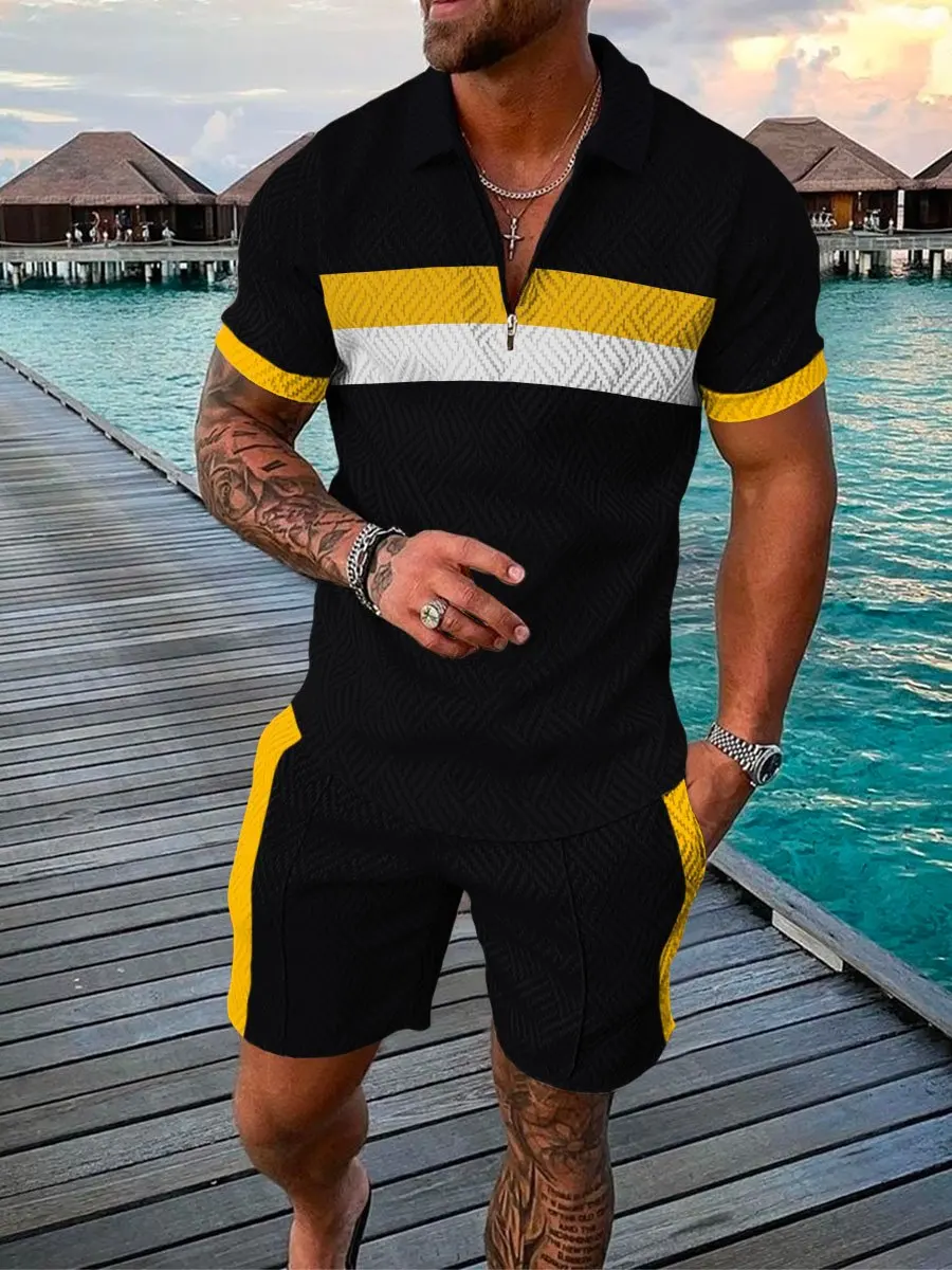 

Men's Summer Cool Polo Shirt+Shorts Set Fashion Tracksuit Casual Turn Down Collar Zipper Clothing Beer Print Outfit Street Suit
