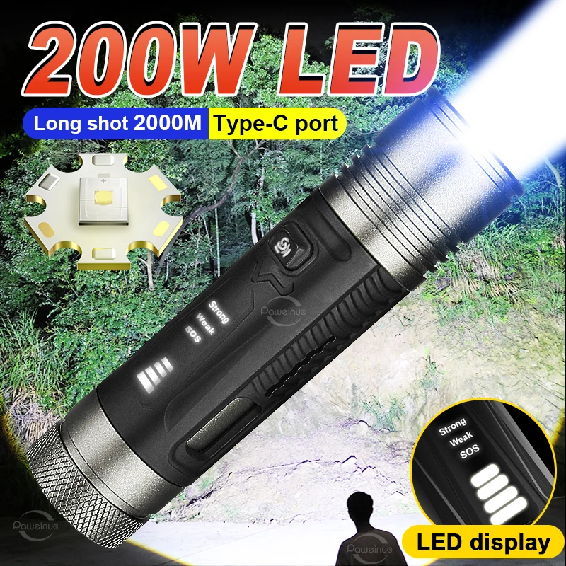 200W LED Super Bright Flashlight With Usb Charging Lighting 2000m Ultra Powerful Flashlight Rechargeable Lamp Waterproof Torch