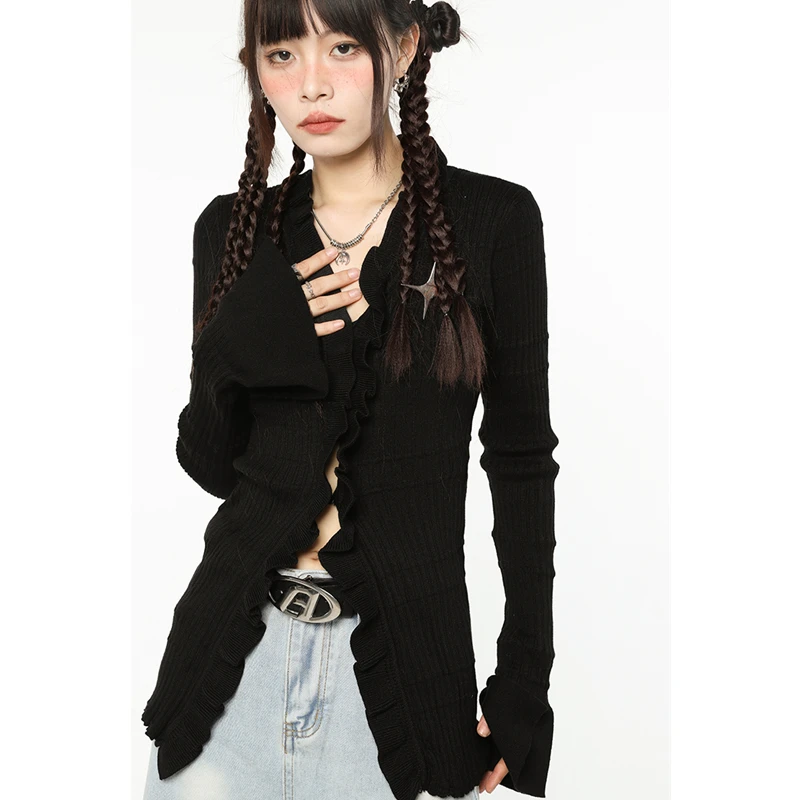 

Women Black Cardigan Sweater Winter Thin Knitting Coat Star Embroidery Irregular Outerwear V-neck American Fashion Lazy Wind