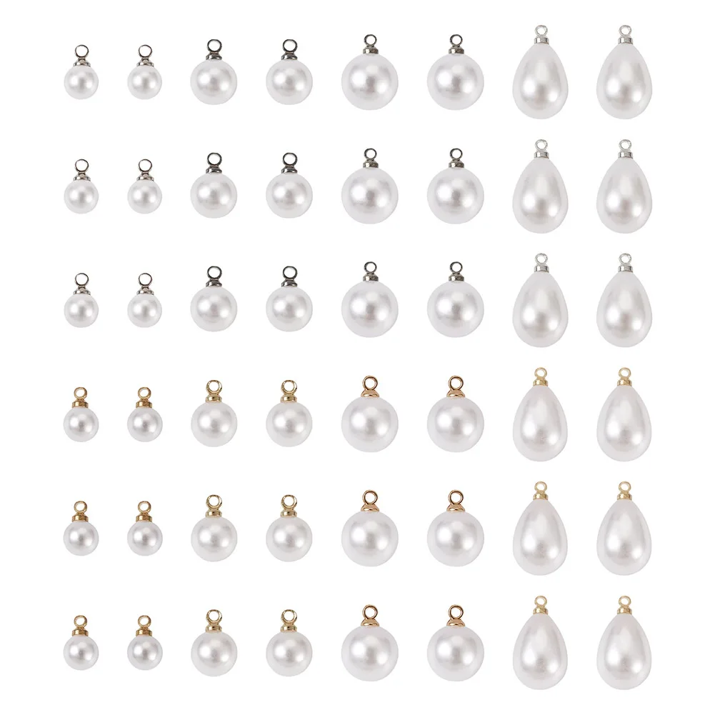 

Pandahall 48pcs Teardrop Acrylic Imitation Pearl Charms with Alloy Findings Round Pearl Pendant For Necklace Jewelry Making Gift