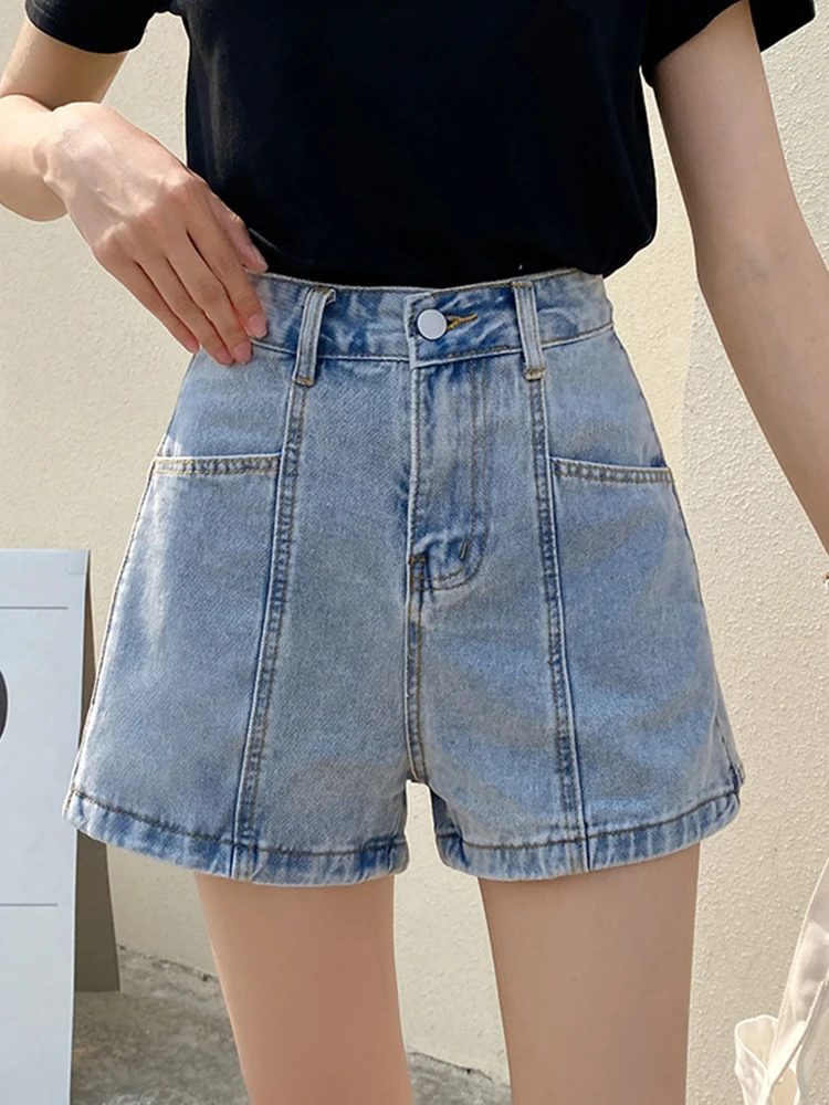 New Spring Summer Women High Waist Wide Leg Blue Denim Shorts Streetwear Female Loose Button Retro Jeans Shorts Bottoms
