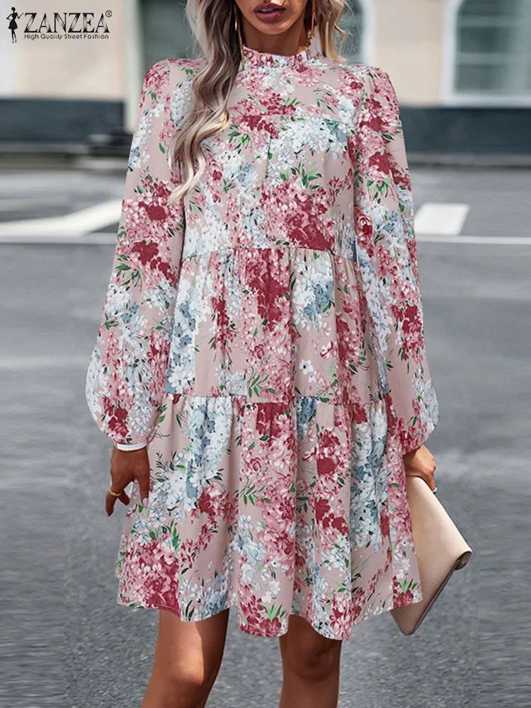 

Женское Многоярусное платье ZANZEA с цветочным принтом, модное плиссированное платье с воротником-стойкой, богемное короткое платье с длинным рукавом-фонариком, осень 2023