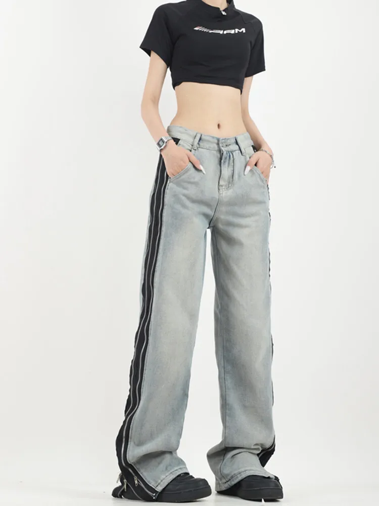 BULOCHOVA American Street Retro Design Zipper Loose Straight Jeans For Women High Waist Girlfriend Cowboy Wide Leg Pants 2023