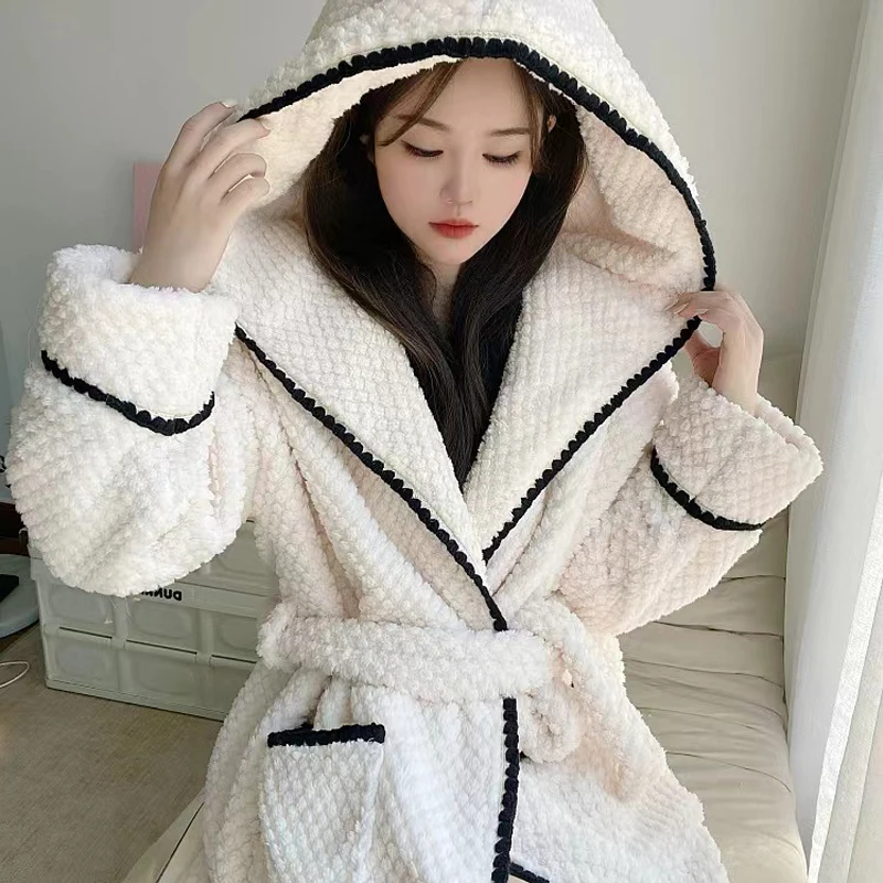 Autumn and Winter Thickened Plush Warm and Comfortable Large Size Hooded Pajamas Pajamas for Women