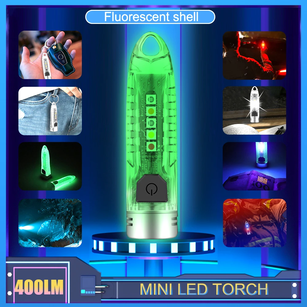 

Outdoor LED Keychain Flashlight Portable Torch Light Type-C Rechargeable 400LM Fluorescent Shell Waterproof Keychain Lantern