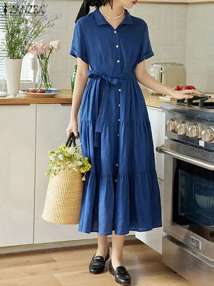 

ZANZEA Fashion Pleated Tiered Vestidos Elegant Ladies Lapel Casual Short Sleeve Midi Dresses Women Tie Waist Pockets Shirtdress