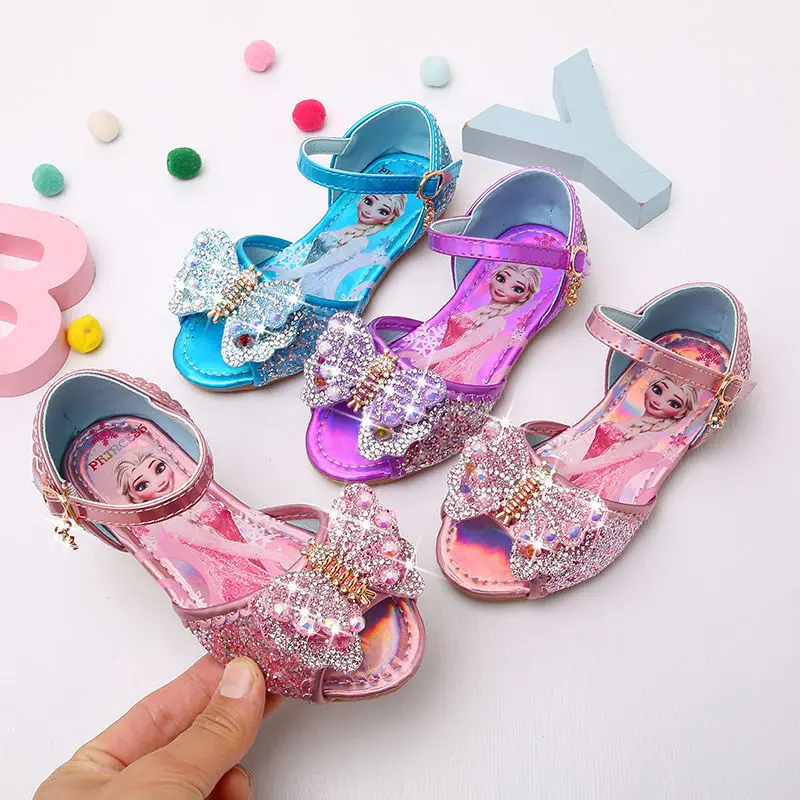 

Disney Summer New Elsa Princess Girls Sandals Fashion Cute frozen Bow Rhinestone Single Shoes Fish Mouth Sandals