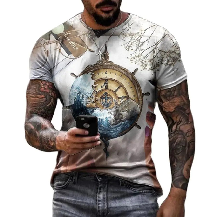 

Футболка мужская с круглым вырезом, тенниска с креативным 3D-принтом часы-ворона, пикантная уличная одежда для фитнеса в стиле панк, ужас с че...