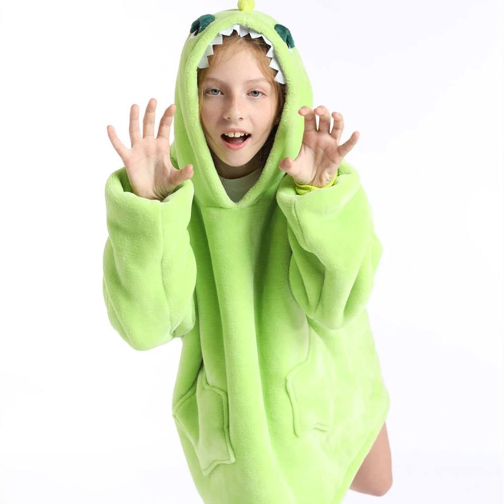 2022 Winter Children Blanket Hooded Flannel Nightgown Animals Cartoon Pullover Women's Warm Loose Students Lazy Clothing Pajamas