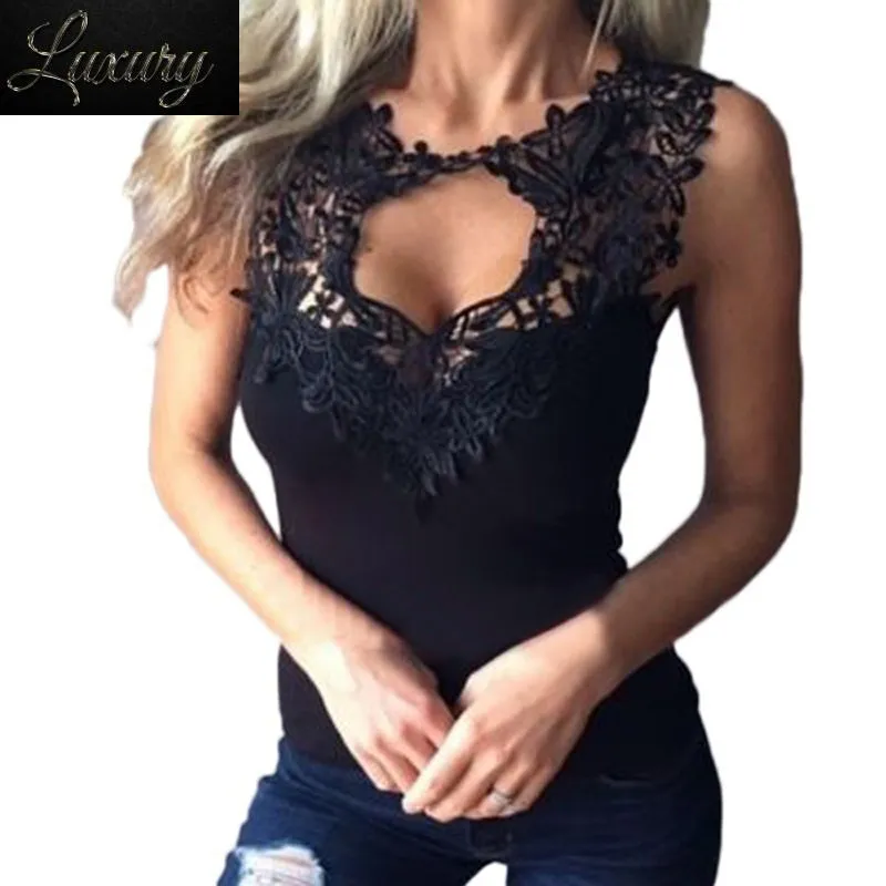 

Summer Women Sexy Sleeveless T-Shirts Lace Crochet Hollow Out Fitness Tees Tops Casual Vest Shirts