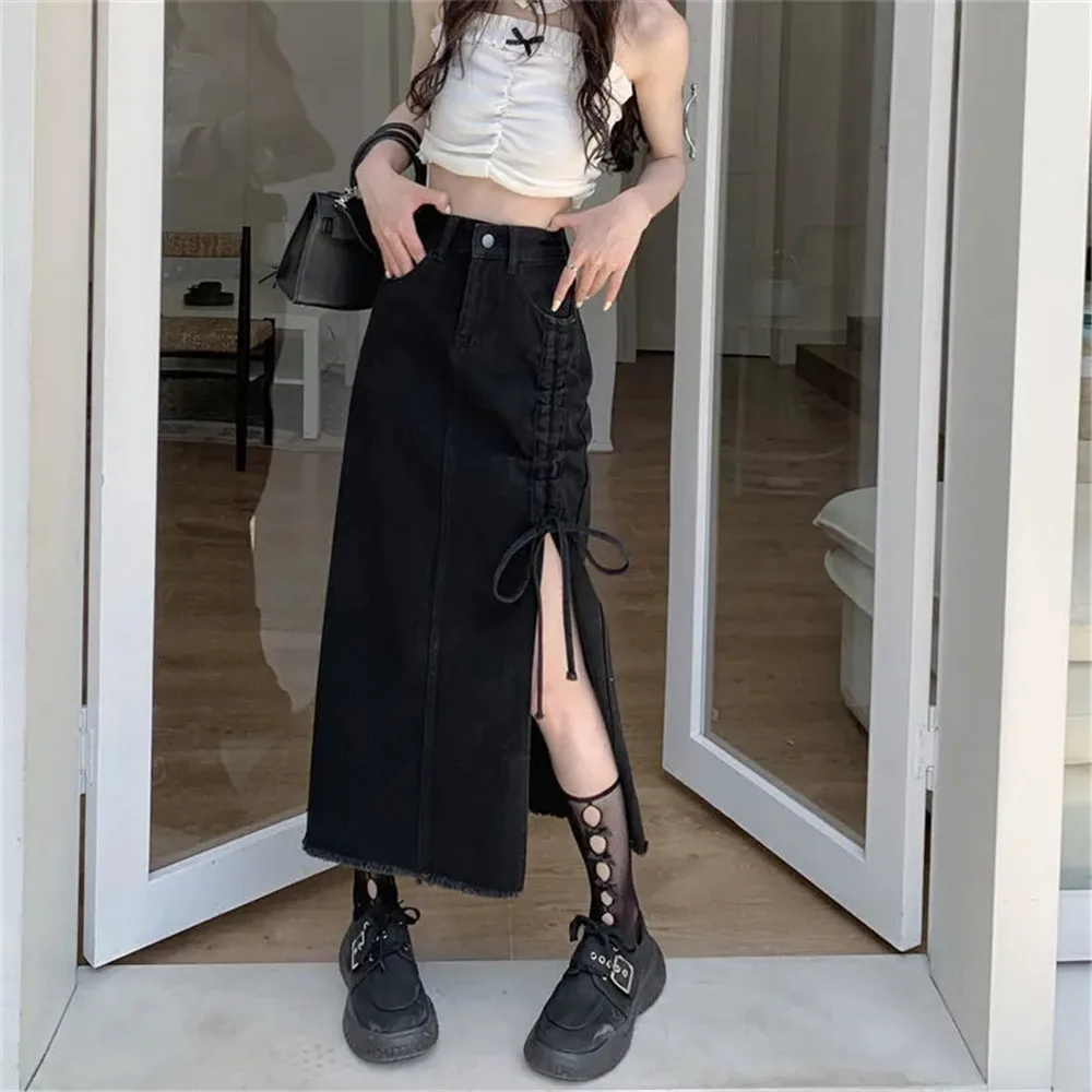 

Summer Women'S Long Denim Skirt Vintage High Wasit Drawstring Jeans Skirt Female Black Straight Side Split A-Line Pencil Skirts