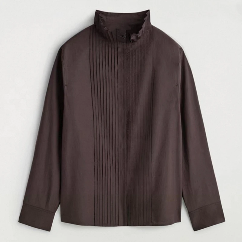Фото Maxdutti Южнофранцузская модная хлопковая женская одежда: прямая рубашка, осенние женские блузки, плиссированная рубашка с воротником-чимни, белый топ №1