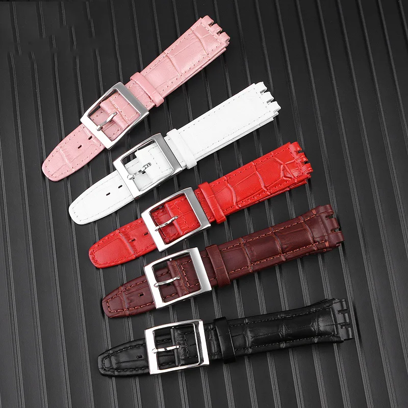 17mm 19mm Genuine Leather bracelet for swatch watch band Wrist Strap Brown red black Watchbands Women man watch belt accessories
