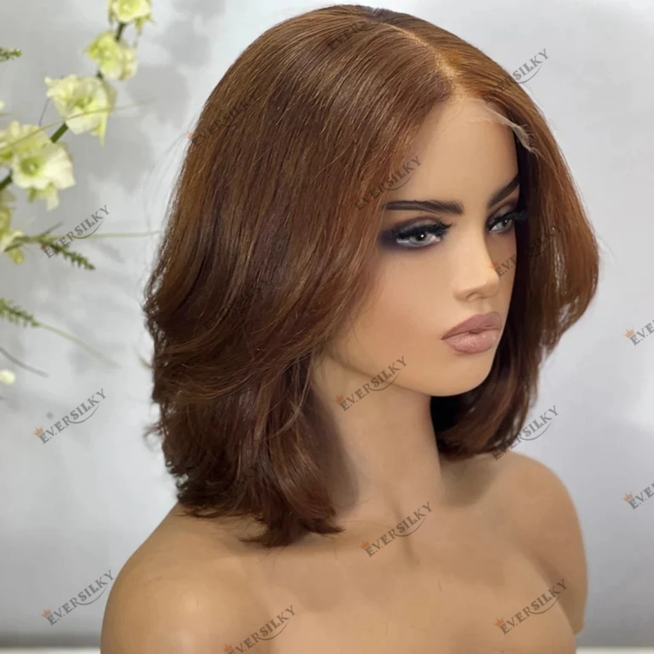 Elegant Bob Human Hair Light Chestnut Brown Glueless Lace Front Wig for Black Women 180Density Remy Brazilian Hair 13x6 Lace Wig