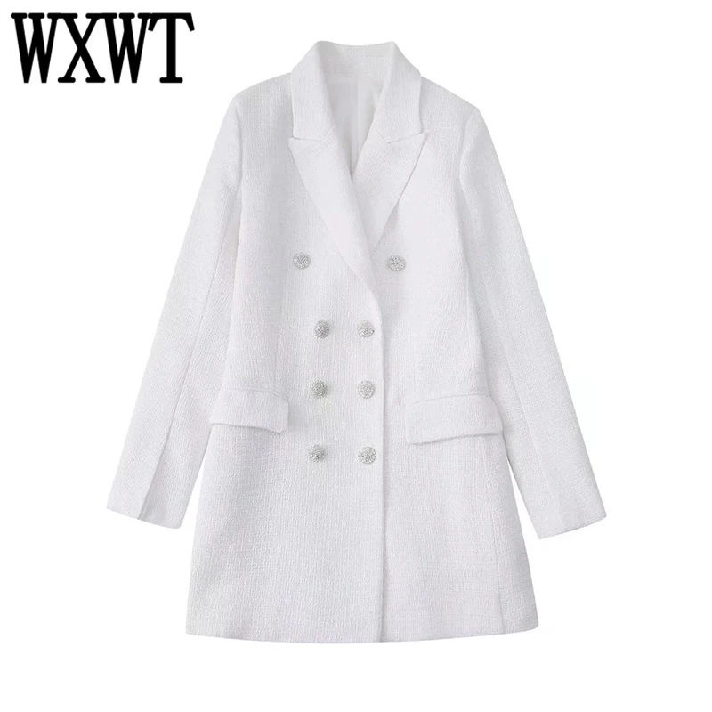 

WXWT 2022 Women White Double Breasted Textured Dress Style Blazer Long Sleeve Flip Cover Pockets Outerwear Female Slim Tops