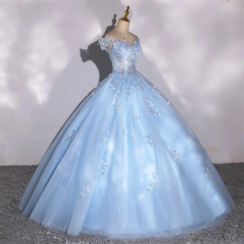 Фото Блестящие вечерние платья 15, платья Quinceanera, бальное платье, элегантное платье с открытыми плечами для 15-летнего возраста, платье для выпускного вечера по индивидуальному заказу №5