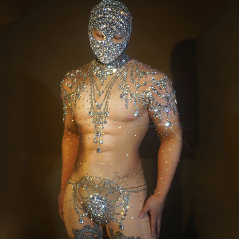 

Sexy Rhinestones Rompers Muscle Man Nude Print Jumpsuit Stones Headwear Male Gogo Dancer Costume Pole Dance Festival Outfit