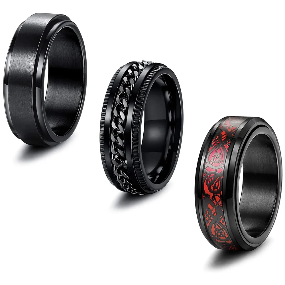 Fashion black Stainless steel wedding ring Black Steel chain Men Women Celtic Dragon inlaid red carbon fiber wedding ring
