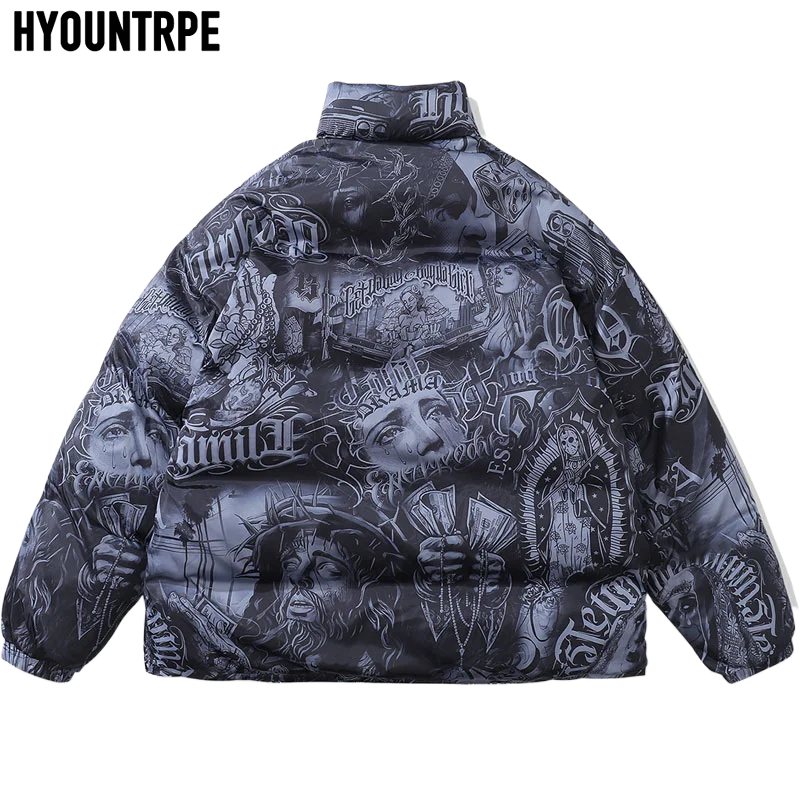 Mens Hip Hop Reversible Jacket Casual Winter Thick Warm Harajuku Punk Gothic Print Bomber Coats Cotton Padded Winter Warm Zipper
