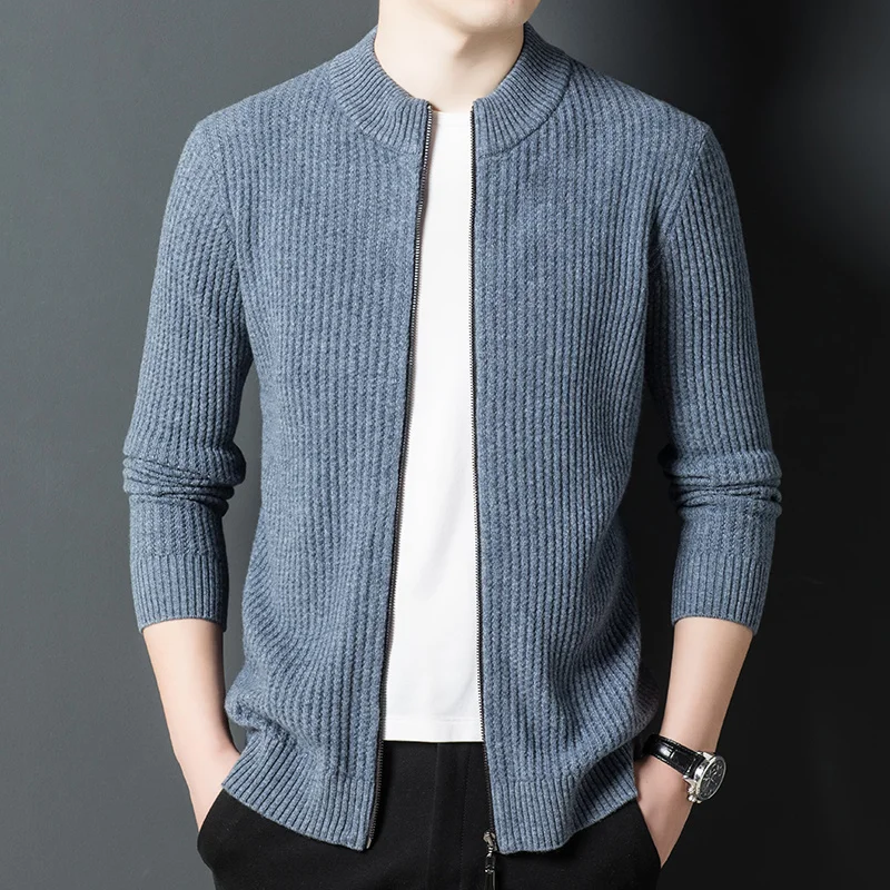 autumn 2022 and winter stand collar jacquard pure wool sweater men's cardigan sweater Korean thickened men's sweater jacket