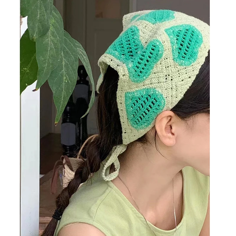 

Luna&Dolphin Spring Women French Knitted Triangle Bandana Small Scarf Hollow Love Print Hair Tie Headband Wild Decorative Ribbon