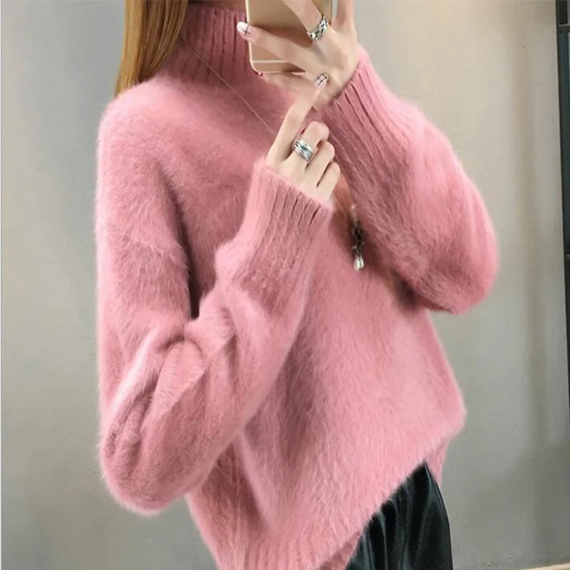 

Minimalism Mohair Fashion White Half Turtleneck Winter Sweaters Women New Chic Korean Loose Outwear Knitwear Tops Pull Solid