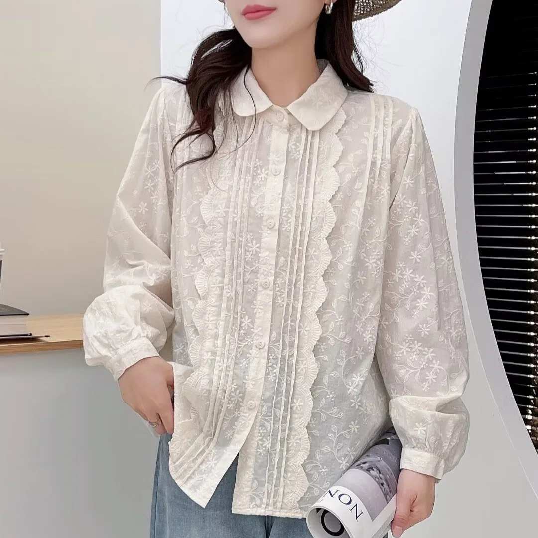 Одежда Mori Kei бежевая белая кружевная рубашка с вышивкой женские хлопковые блузки