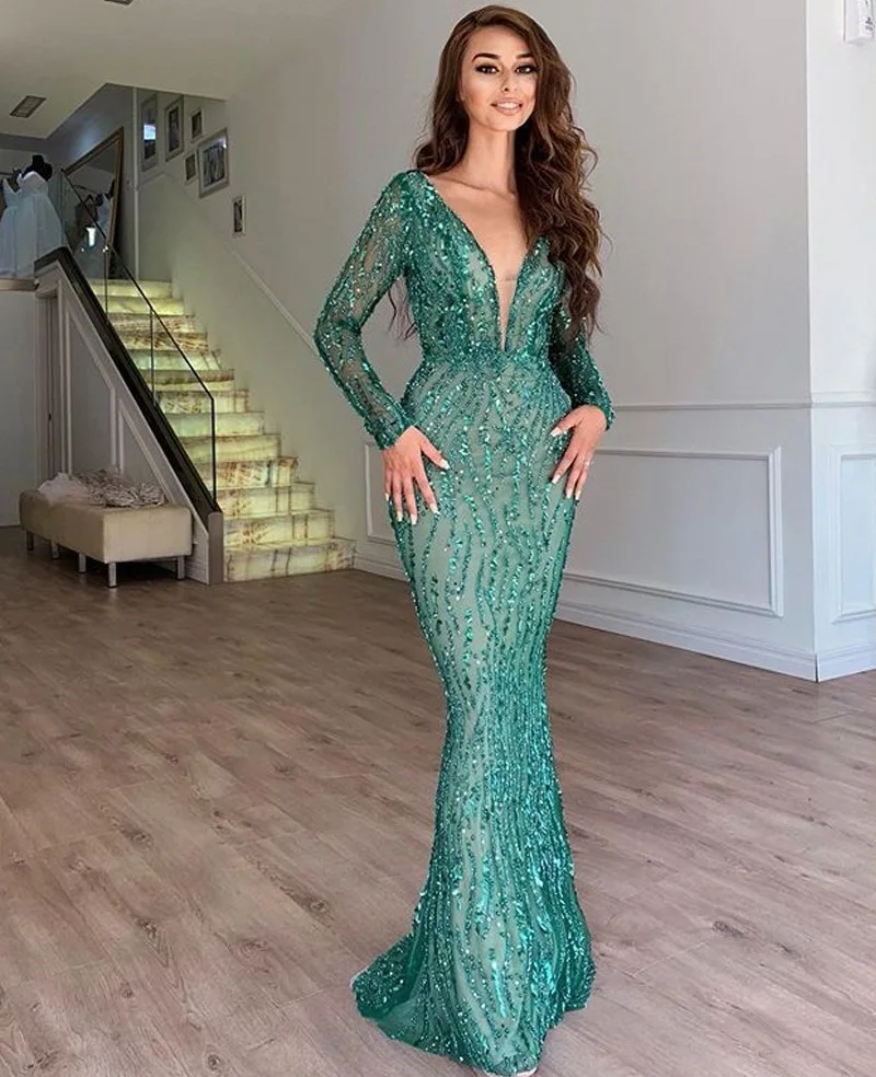 2023 new in Women Long Prom Dress Embroidered Deep V-neck Long Sleeve Floor Length Evening Dresses Maxi Luxury Formal Dresses