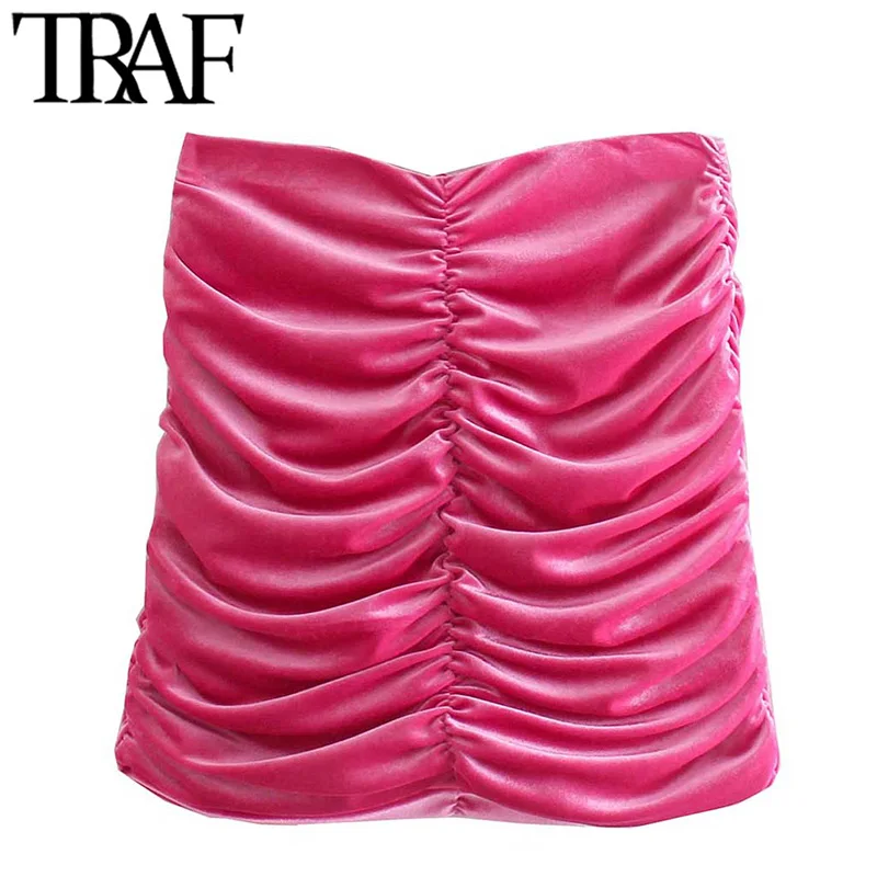 

TRAF Women Chic Fashion Pleated Velvet Mini Skirt Vintage High Waist Back Zipper Female Skirts Mujer
