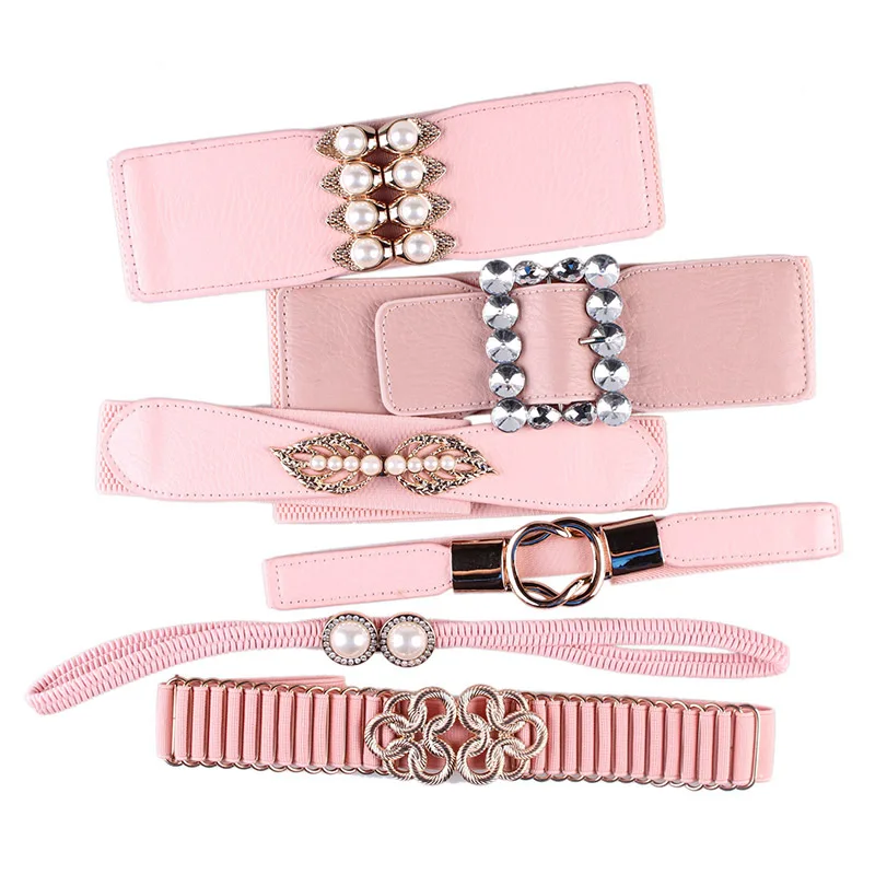 Pink Elastic Corset Girdle Women's Fashion Rhinestone Pearl Decoration Belt Dress Accessories