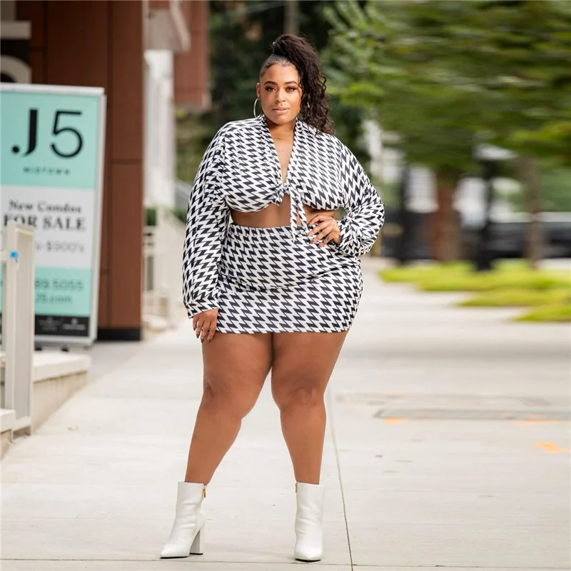 Plus Size Two Piece Set Women Clothing Long Sleeve Bandage Top High Waist Mini Skirts Sets Fall Clothes Whole 3xl 4xl 5xl 6xl