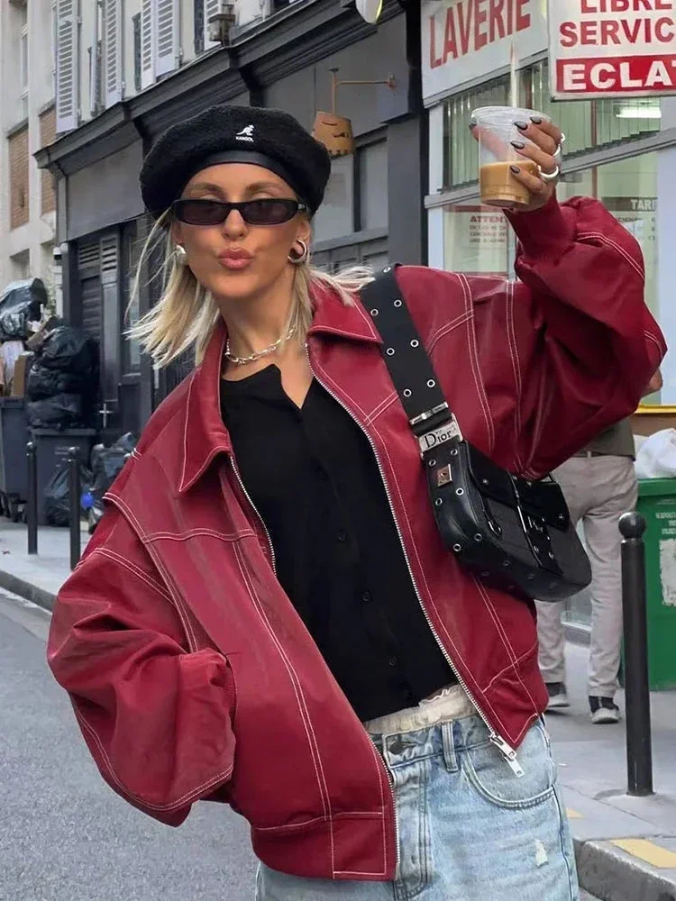 

Autumn and Winter New Fashion Office Streetwear Women's Red Lapel Zipper Leather Jacket Casual Long Sleeve Patchwork Jacket